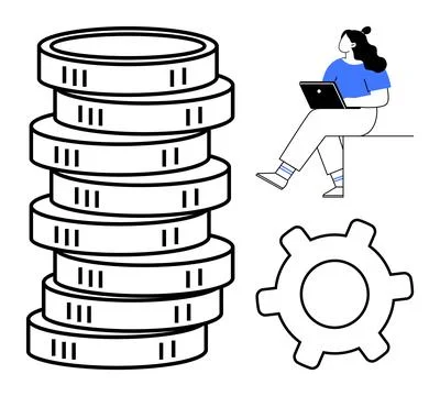 Woman using a laptop while seated, adjacent to a tall stack of coins and a la Stock Illustration