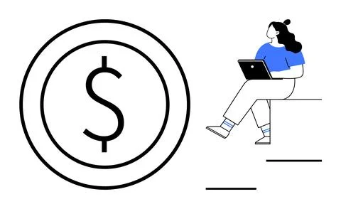 Woman using laptop while sitting on steps next to large dollar sign symbolizi Stock Illustration