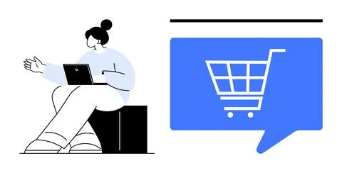 Woman using a laptop while sitting next to a large blue shopping cart icon re Illustrazione stock