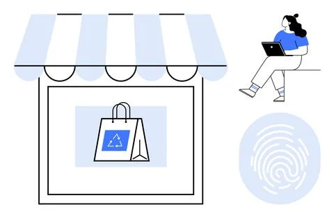 Woman using laptop while sitting, store awning with shopping bag, and fingerp Stock Illustration