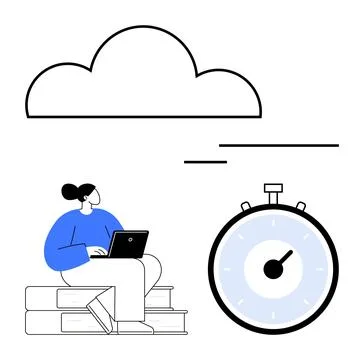 Woman Using Laptop While Sitting on Books Next to a Large Stopwatch and Clo.. 스톡 일러스트