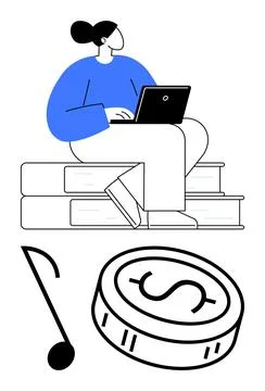 Woman Using Laptop While Sitting on Stack of Books, Symbol of Note and Doll.. Illustrazione stock