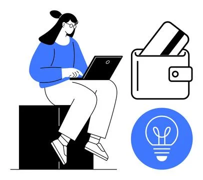 Woman using laptop while sitting. Wallet with credit cards beside a lightbulb 스톡 일러스트