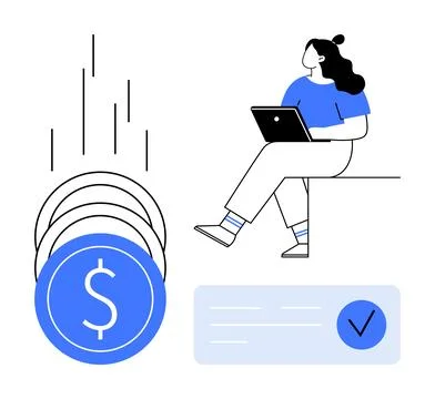 Woman using laptop while sitting currency symbols and checkmark indicating ta Stock Illustration