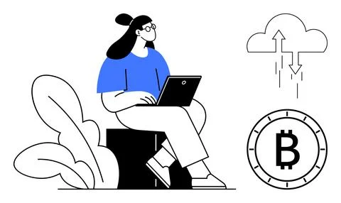 Woman using laptop while sitting beside cloud computing and Bitcoin integrati Illustrazione stock