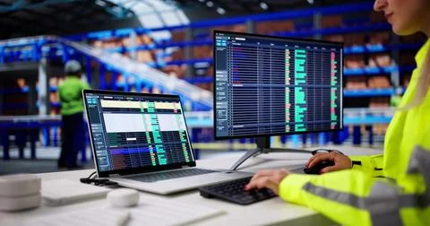 Woman Using Logistic Software On Warehouse Computer For Business Spreadsheets Stock Photos