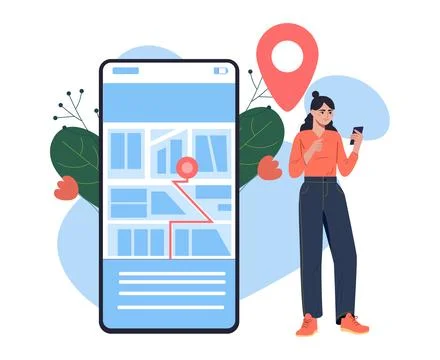 Woman using map navigation app on phone. Vector illustration Illustrazione stock