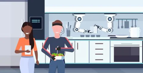 Woman using mobile app controlling man humanoid with wires electrodes indicators Stock Illustration