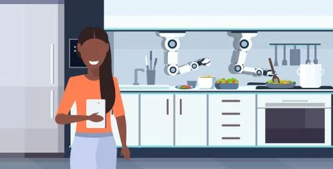 Woman using mobile app controlling smart handy chef robot preparing fried eggs Illustrazione stock