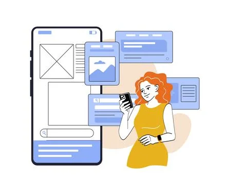 Woman using mobile app interface. Vector illustration 스톡 일러스트