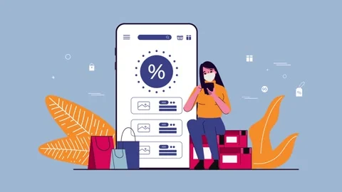 Woman Using Mobile App for Online Shopping and E-Commerce Animation Stock-Footage 334364661