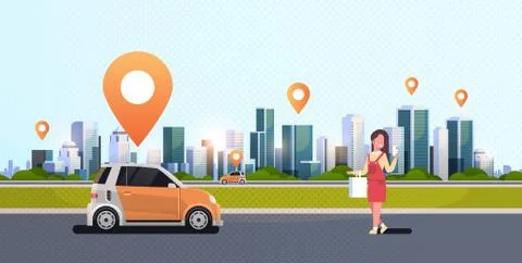Woman using mobile app ordering automobile vehicle with location mark rent car 스톡 일러스트