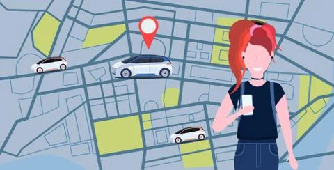 Woman using mobile app ordering automobile vehicle with location mark rent car Stock Illustration