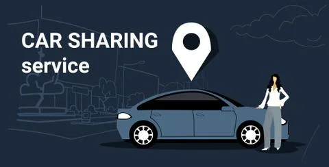 Woman using mobile carsharing application online ordering taxi car sharing Ilustración de archivo