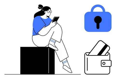 Woman Using Mobile Device with Security Lock and Wallet with Credit Card Stock Illustration