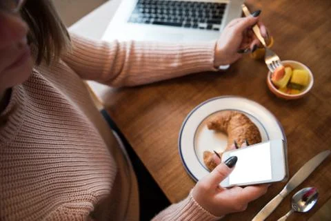 Woman using mobile phone while having breakfast in living room Stock-Fotos