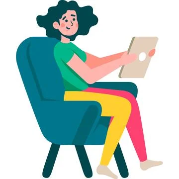 Woman using mobile tablet while relaxing in armchair vector icon isolated on 库存插图