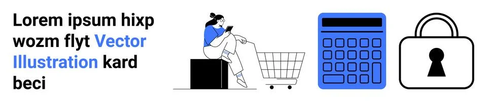 Woman using mobile while sitting on luggage with a shopping cart, calculator, Stock Illustration