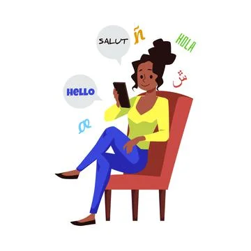 Woman using multilingual app for language learning, flat vector isolated. Stock Illustration