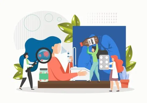 Woman using nebulizer, flat vector illustration. Device for treatment asthma Illustrazione stock