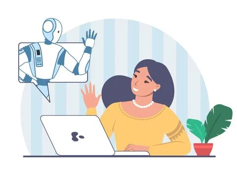 Woman using neural network flat cartoon vector Illustrazione stock