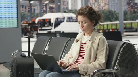 Woman using notebook in bus terminal to check travel details Stock Photos