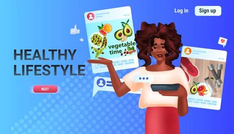 Woman using online application on digital gadget healthy lifestyle social media Illustrazione stock