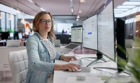 Woman Using Payroll Software To Check Employee Salary And Attendance Details. Stock Photos