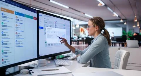 Woman Using Payroll System On Computer For Employee Salary And Benefits. Stock Photos