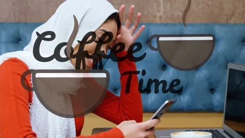 Woman using phone and checking work messages, smiling, laughing, Coffee Time Stock Footage 333936639