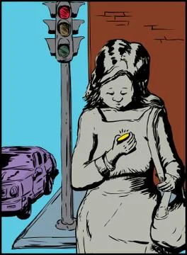 Woman using phone while crossing street Stock Illustration