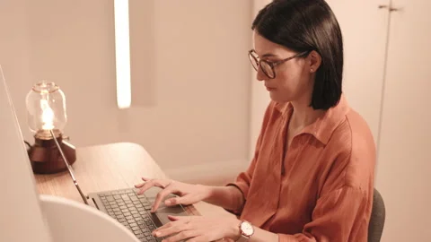 Woman Using Portable Computer by Desk Vidéo 152382497