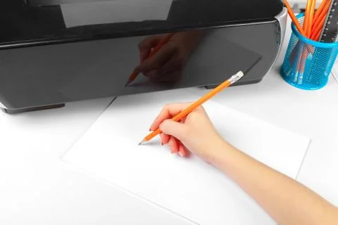Woman using the printer to scanning and printing document Stock Photos