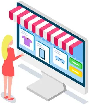 Woman using program for online shopping, Lady working with interface of online 스톡 일러스트