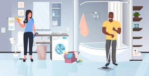 Woman using rag man mopping floor mix race couple working together doing hous Stock Illustration