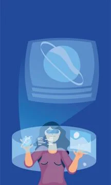 Woman using reality virtual tech in interactive display Illustrazione stock