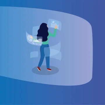 Woman using reality virtual tech in interactive display Stock Illustration