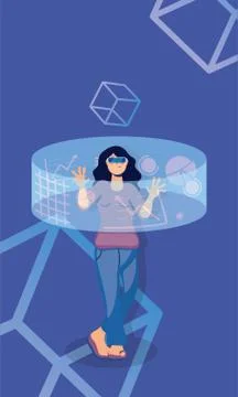 Woman using reality virtual tech in interactive display Illustrazione stock