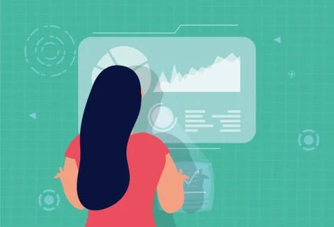 Woman using reality virtual tech in interactive display Stock Illustration