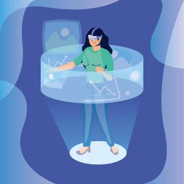 Woman using reality virtual tech in interactive display Stock Illustration