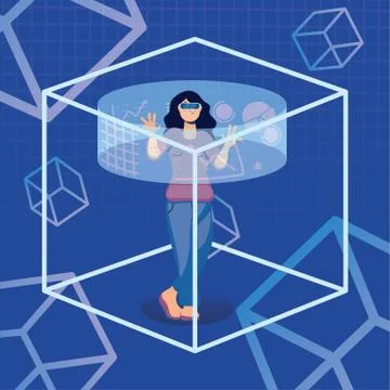 Woman using reality virtual tech in interactive display Stock Illustration