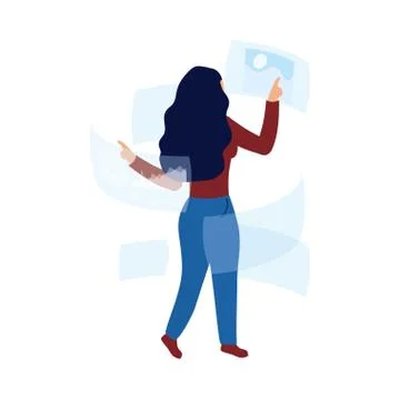 Woman using reality virtual tech in interactive display Stock Illustration