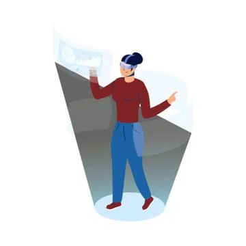 Woman using reality virtual tech in interactive display Stock Illustration