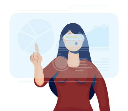 Woman using reality virtual tech in interactive display Illustrazione stock