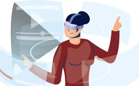 Woman using reality virtual tech in interactive display Stock Illustration