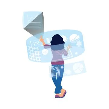 Woman using reality virtual tech in interactive display Stock Illustration