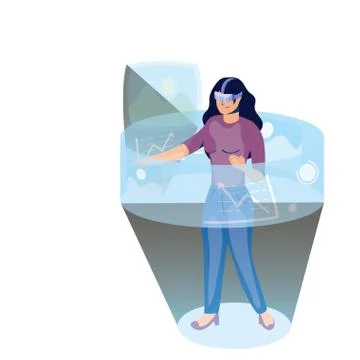 Woman using reality virtual tech in interactive display Stock Illustration
