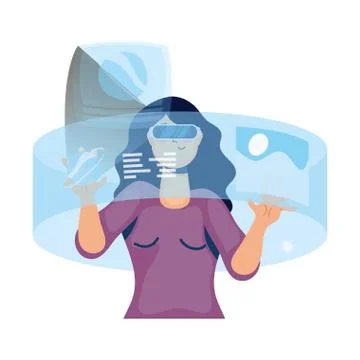 Woman using reality virtual tech in interactive display Illustrazione stock