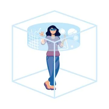 Woman using reality virtual tech in interactive display Stock Illustration