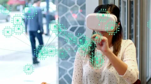 Woman using right hand with VR headset starting, gradually manipulating teal Stock Footage 333924986